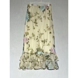 Chiffon Midi Skirt Size 10 Pale Yellow Floral Sheer Ruffle Fairy 90s Romantic